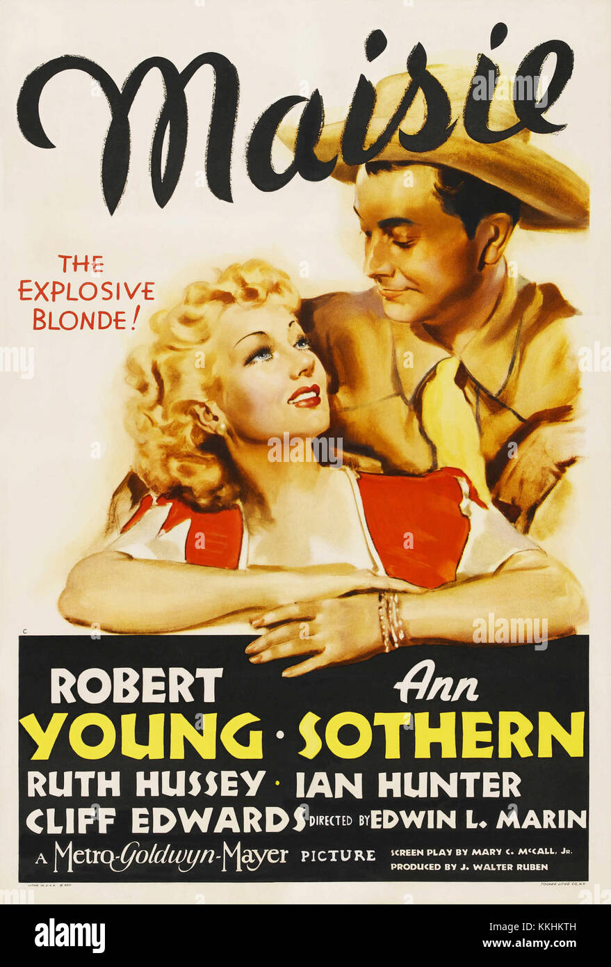 L'affiche du film 'Maisie', un drame de 1939 sur une femme qui navigue dans des défis personnels, avec ses détails de distribution et de production. Banque D'Images