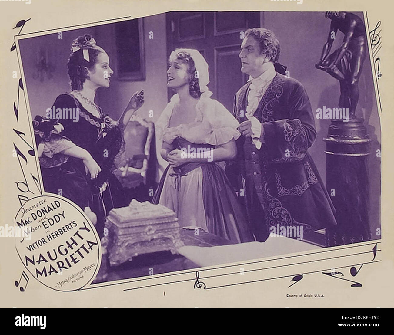 Une affiche pour la comédie musicale « Naughty Marietta » de 1910, présentant ses œuvres promotionnelles, capturant l'essence du style théâtral de la production et les thèmes des personnages. Banque D'Images