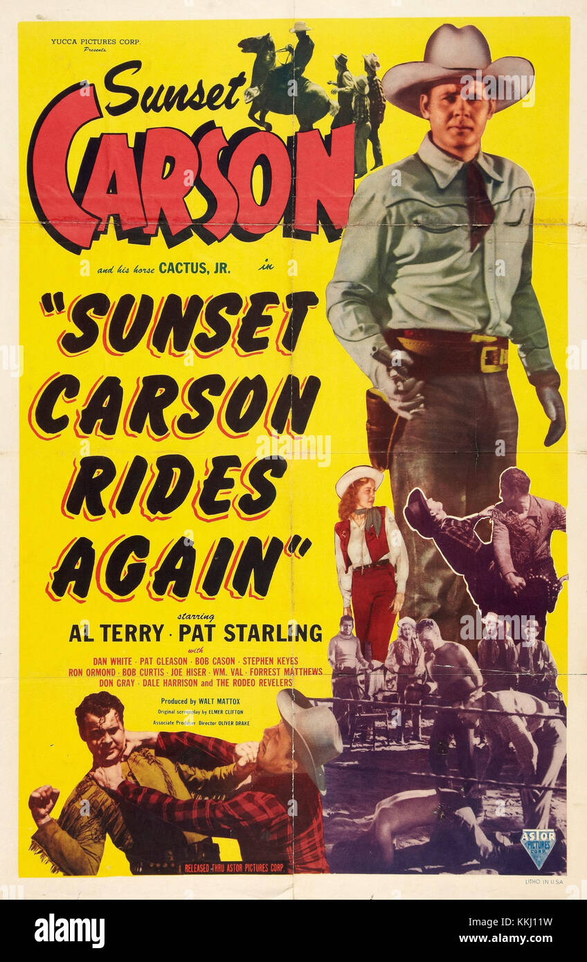 Affiche du film « Sunset Carson rides Again », un film occidental de 1948 mettant en vedette Sunset Carson, représentant une scène d'action dynamique caractéristique du genre. Banque D'Images