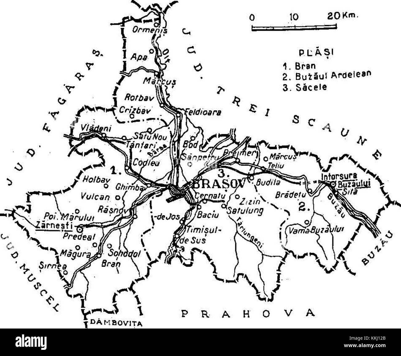 Une carte de 1938 du comté de Braè™ov, Roumanie, pendant l'entre-deux-guerres. La carte illustre les divisions politiques et géographiques de la région juste avant la seconde Guerre mondiale, reflétant le contexte historique de la région en Europe centrale et orientale. Banque D'Images