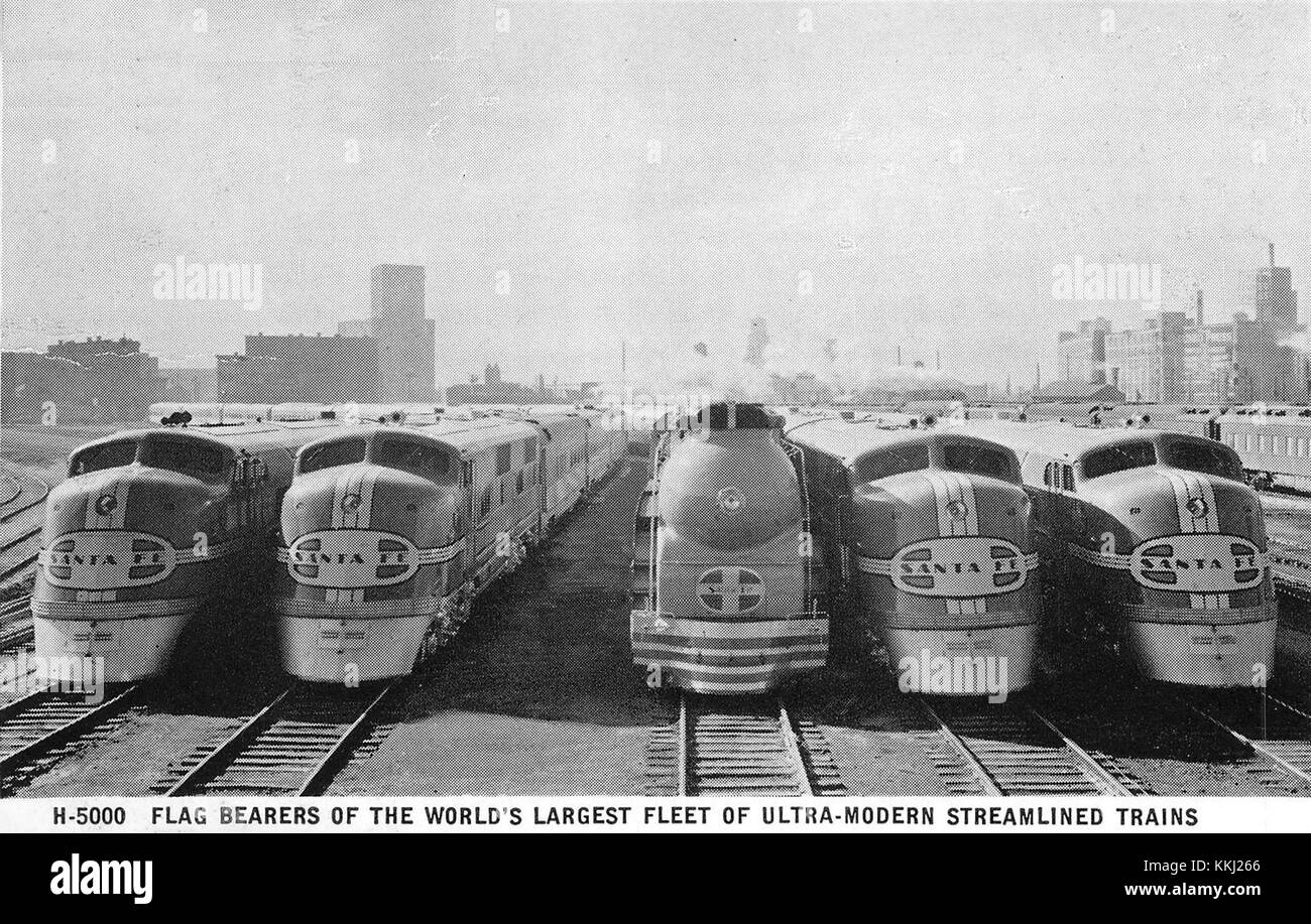 Les locomotives de passagers Santa Fe, datant d'environ 1938, représentent un élément clé de l'histoire ferroviaire américaine. Reconnues pour leur puissance et leur élégance, ces locomotives ont joué un rôle essentiel dans le transport ferroviaire. Banque D'Images