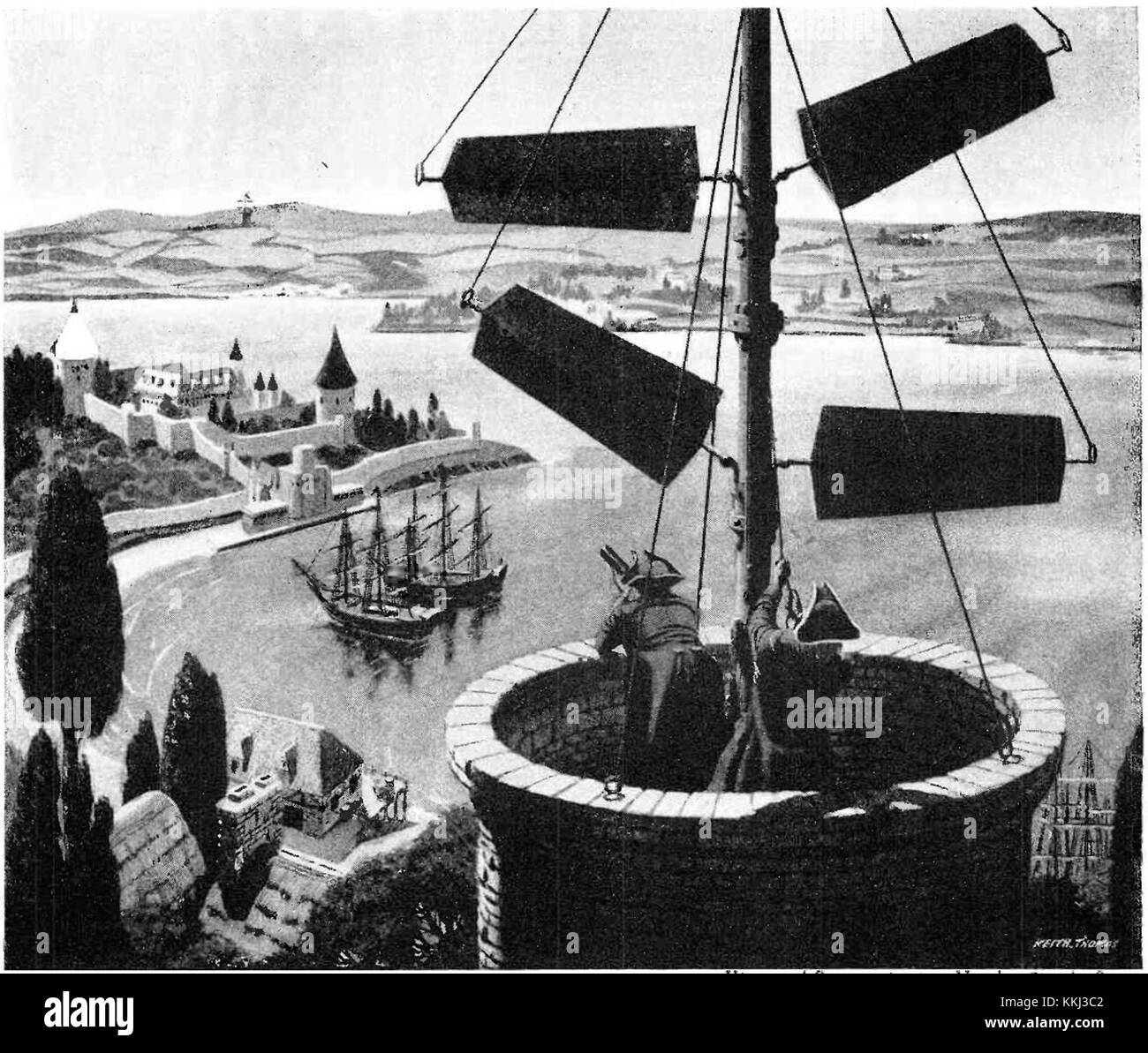 La ligne de sémaphore napoléonienne était une première forme de communication utilisée pendant les guerres napoléoniennes. Le système s'appuyait sur une série de tours avec des bras mécaniques pour envoyer des signaux codés sur de longues distances. Cette méthode de communication était cruciale pour la coordination militaire et le renseignement pendant les guerres. Banque D'Images