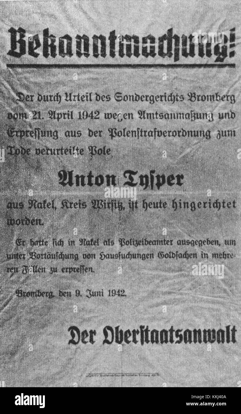 L'annonce de la condamnation à mort par le Sondergericht Bromberg, un tribunal militaire nazi pendant la seconde Guerre mondiale, reflète le système judiciaire brutal sous le régime nazi dans les territoires occupés. Le procès faisait partie de la persécution pendant la guerre. Banque D'Images
