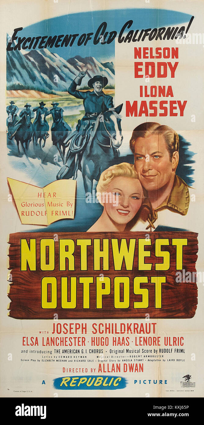 Une affiche de film vintage pour *Northwest Outpost*, un film bourré d'action situé dans un endroit accidenté et éloigné. L'affiche présente le thème aventureux du film, mettant en vedette un personnage principal héroïque. Banque D'Images