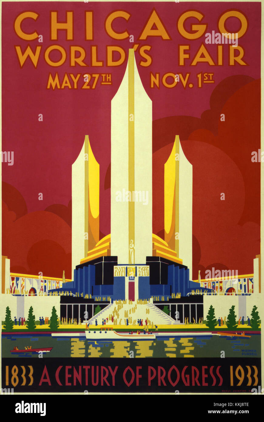 Affiche historique de l'exposition universelle de Chicago de 1933, également connue sous le nom d'exposition Century of Progress, présentant les thèmes modernistes et les innovations technologiques de la foire. Banque D'Images