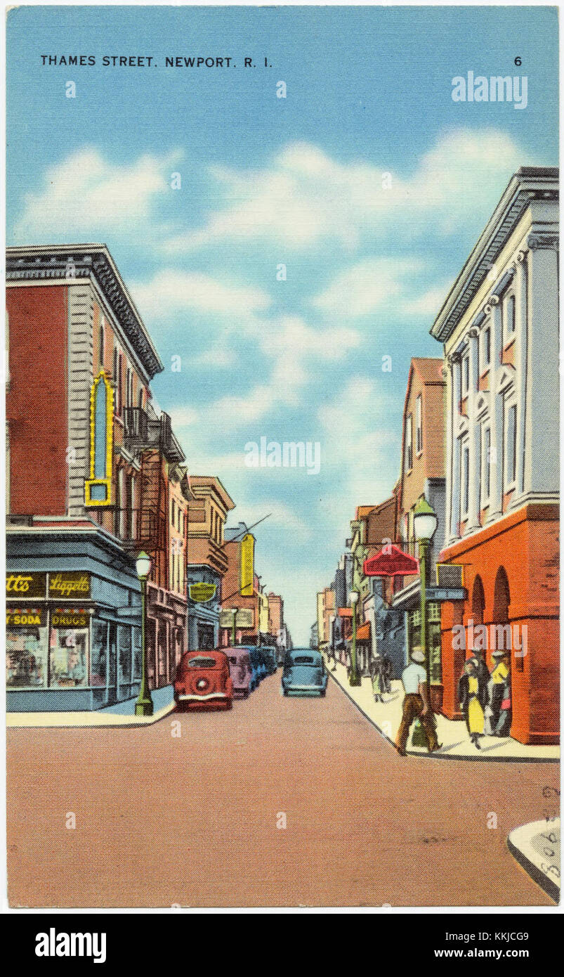 Thames Street à Newport, Rhode Island, est une rue historique connue pour son architecture coloniale et son activité commerciale dynamique. C'est une zone importante pour les touristes et les habitants. Banque D'Images