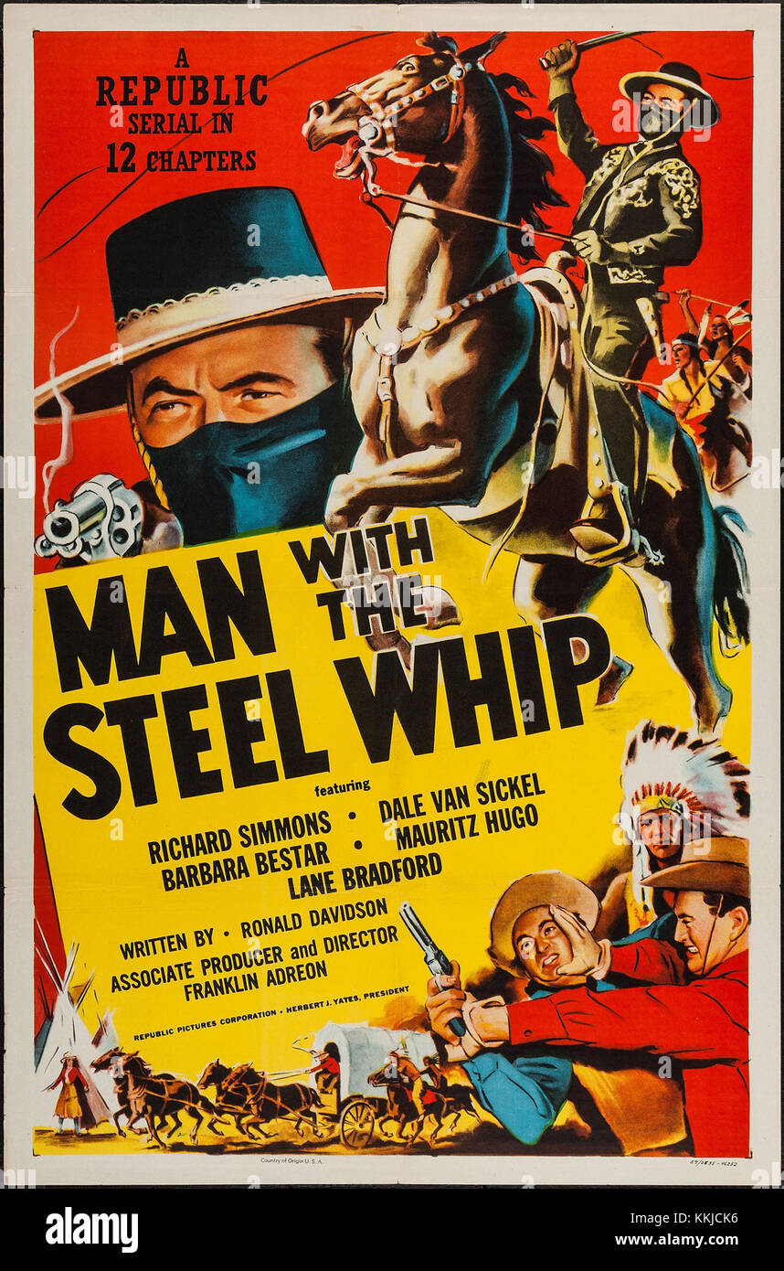 L'affiche du film « Man with the Steel Whip » présente le personnage central d'une scène bourrée d'action, mettant en évidence le fouet en acier emblématique utilisé dans l'histoire. Le film est un classique du genre action-aventure, connu pour ses séquences passionnantes et ses performances dramatiques. Banque D'Images