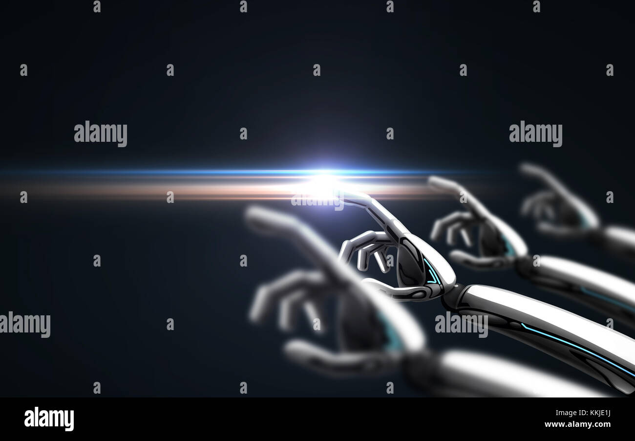 Les mains du robot sur fond noir et la lumière laser Banque D'Images