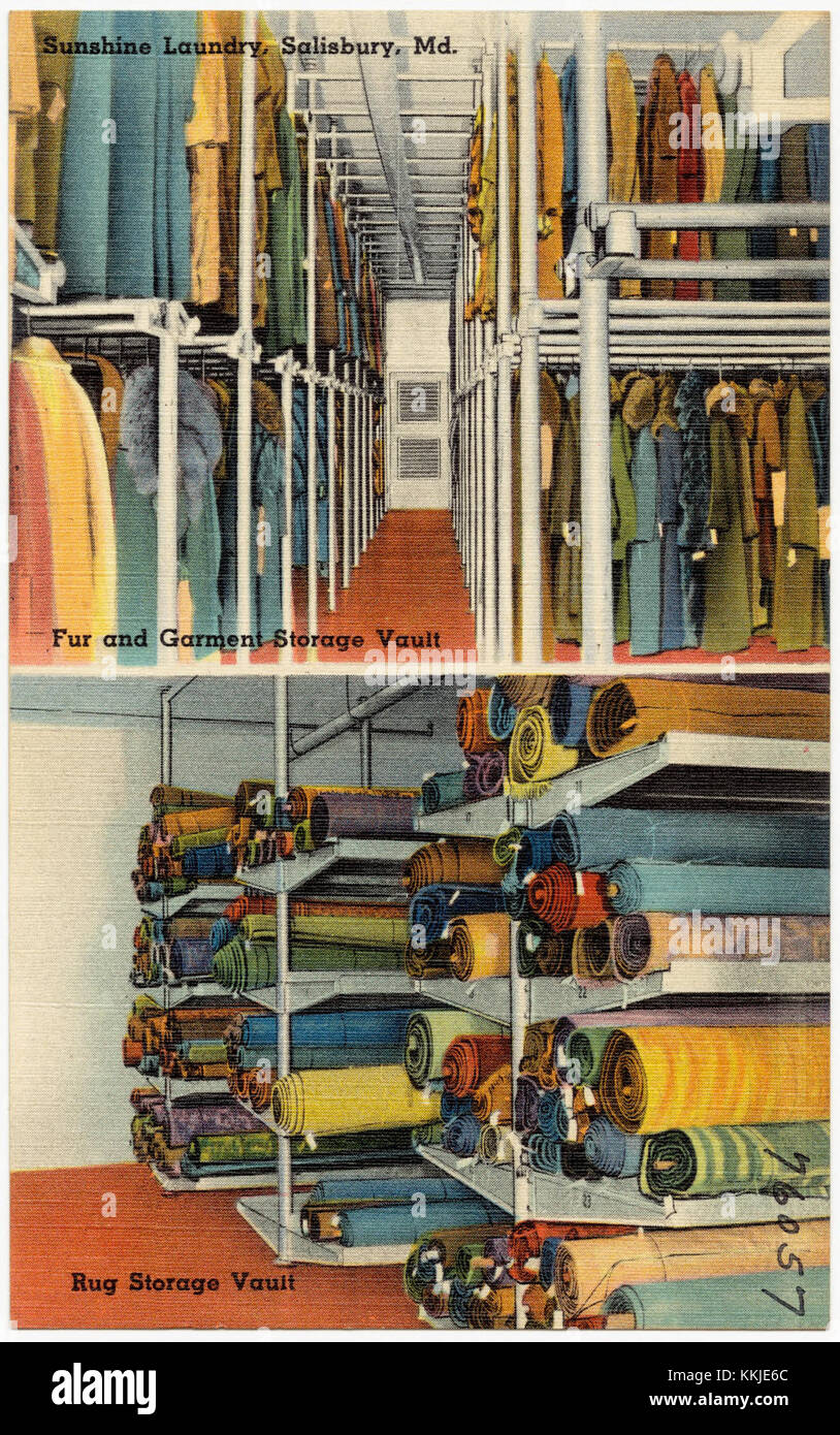 Sunshine Laundry à Salisbury, Maryland, présentait des voûtes de rangement spécialisées pour la fourrure, les vêtements et les tapis. Ces installations ont été conçues pour protéger les tissus délicats des dommages et des facteurs environnementaux. Banque D'Images Sunshine Laundry à Salisbury, Maryland, présentait des voûtes de rangement spécialisées pour la fourrure, les vêtements et les tapis. Ces installations ont été conçues pour protéger les tissus délicats des dommages et des facteurs environnementaux. Banque D'Images