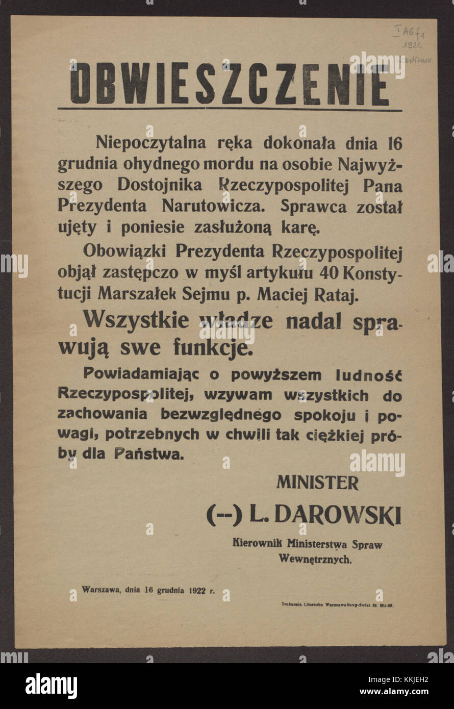 O Obwieszczenie zamordowaniu prezydenta Gabriela Narutowicza z 16 grudnia 1922 Banque D'Images