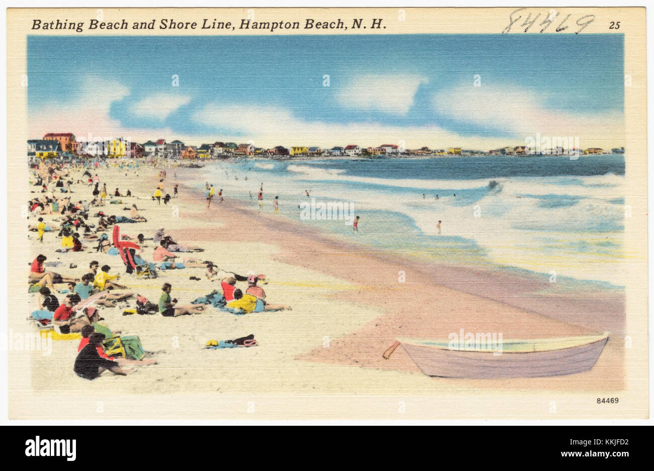 L'image capture la plage de baignade populaire et le littoral de Hampton Beach dans le New Hampshire, mettant en valeur son littoral pittoresque et son attrait récréatif en tant que destination balnéaire. Banque D'Images