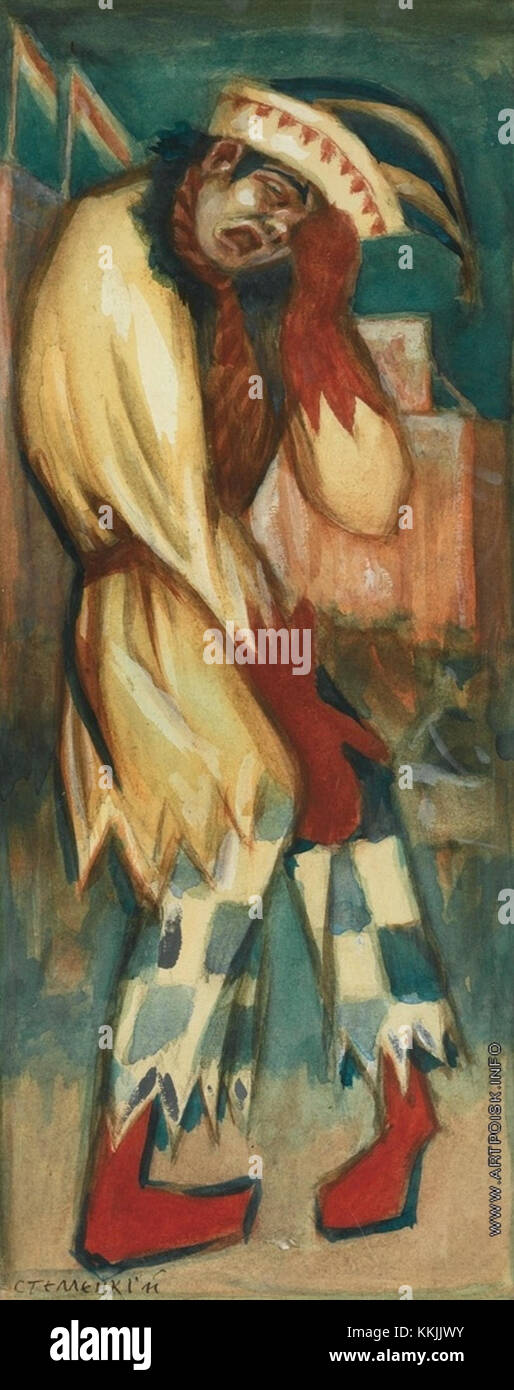 Un portrait poignant de Dmitri Stelletski intitulé 'Sad Clown', capturant la profondeur émotionnelle et la représentation artistique d'une figure de clown, symbolisant souvent la tristesse derrière le masque de l'humour. Banque D'Images