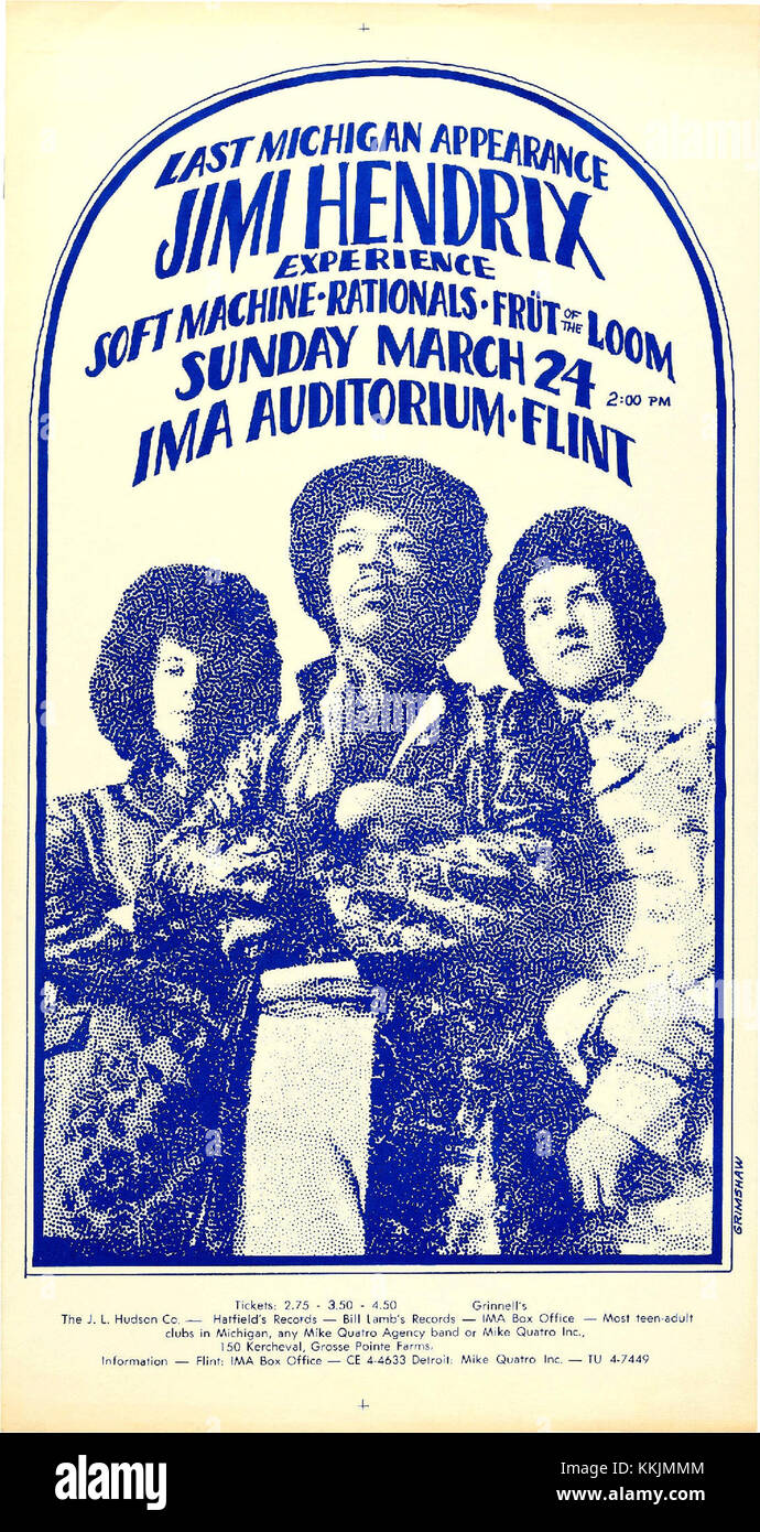 Cette affiche de 1968 fait la promotion d'un concert de Jimi Hendrix Experience à l'IMA Auditorium de Flint, Michigan. Le groupe emblématique, connu pour son impact révolutionnaire sur la musique rock, s'est produit pour un public pendant une période de transformation de l'histoire de la musique. Banque D'Images