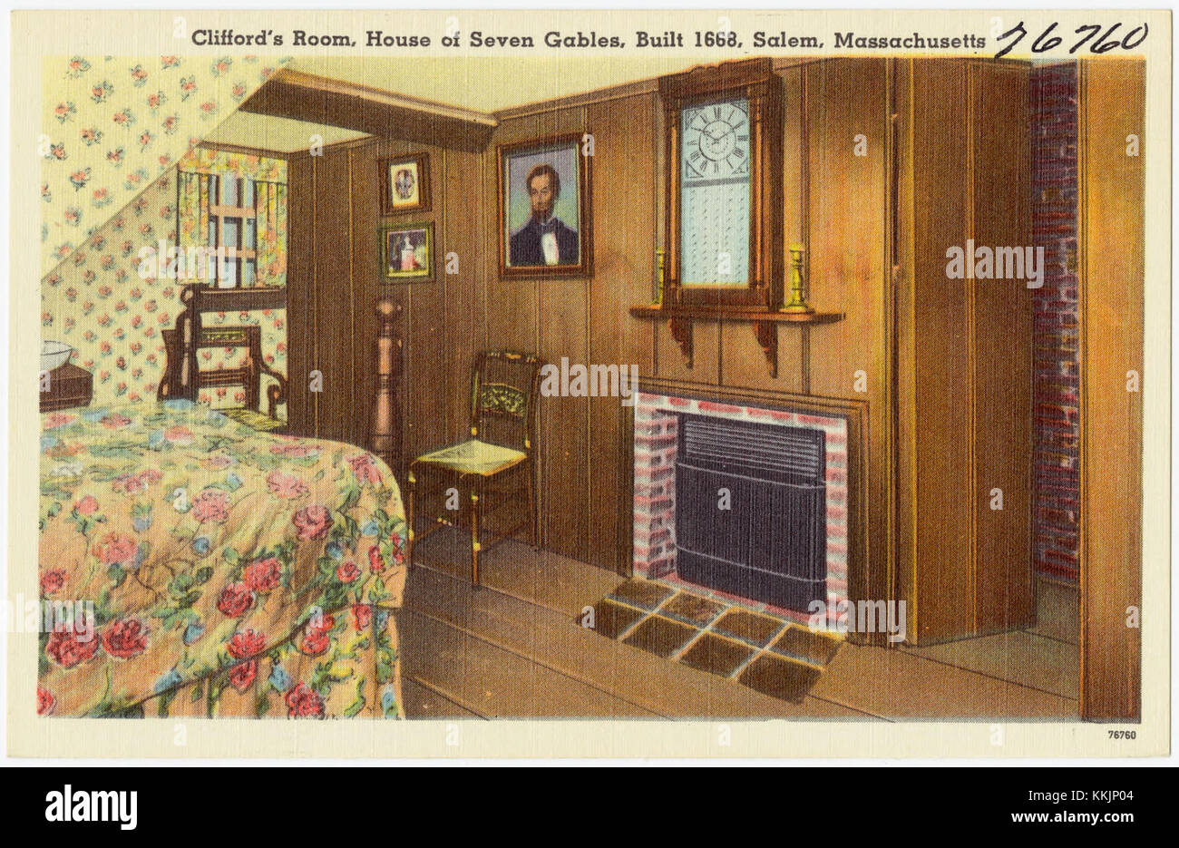 La chambre de Clifford dans la Maison des sept pignons, Salem, Massachusetts, construite en 1668, est un espace historiquement important dans la maison de style colonial. La maison est célèbre pour ses liens avec le roman de Nathaniel Hawthorne. Banque D'Images