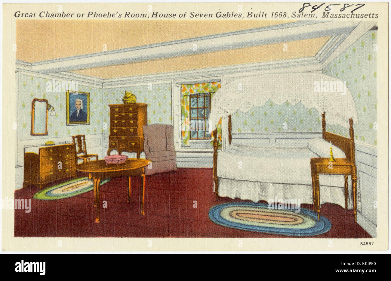 La Grande Chambre, également connue sous le nom de salle de Phoebe, fait partie de la Maison historique des sept pignons à Salem, Massachusetts, construite en 1668, offrant un aperçu de l'architecture coloniale du XVIIe siècle. Banque D'Images