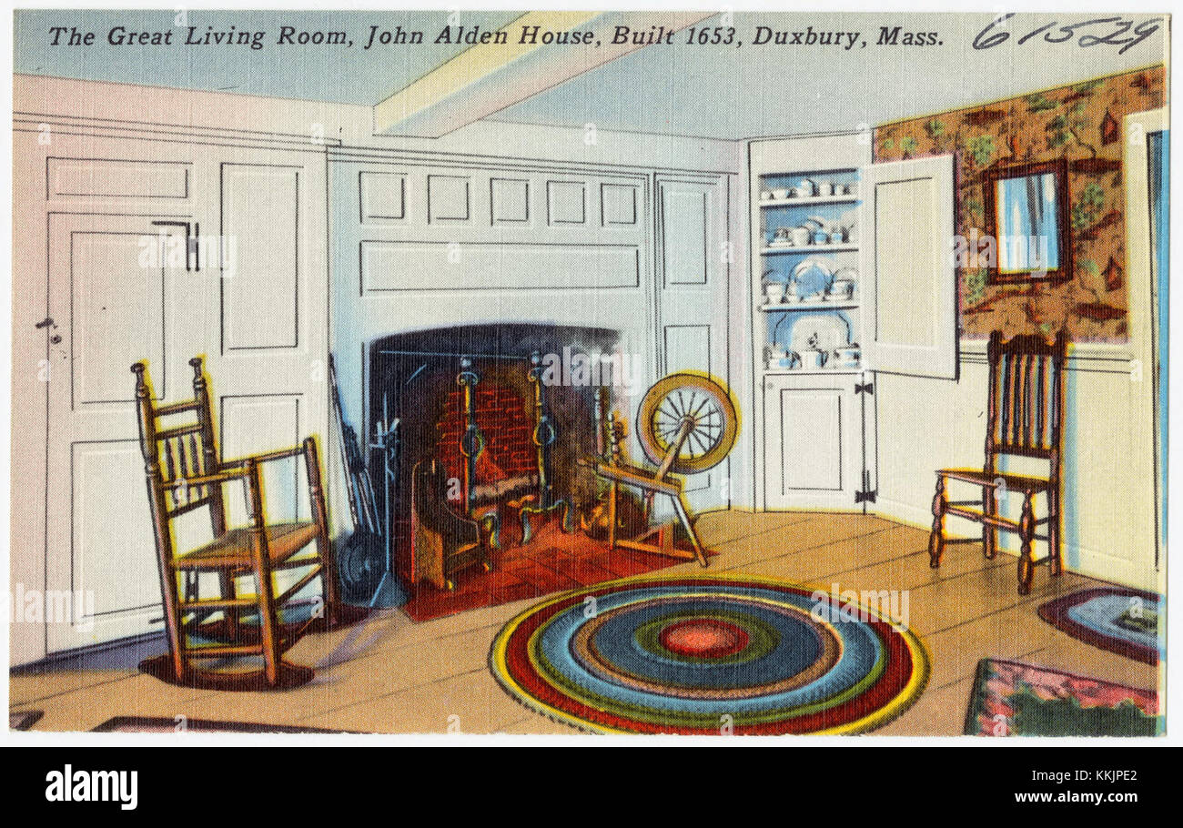 La maison John Alden, construite en 1653 à Duxbury, Massachusetts, est un monument historique. Son grand salon présente l'architecture et le design de l'Amérique coloniale primitive, offrant un aperçu de la vie de la famille Alden et des colons puritains. Banque D'Images
