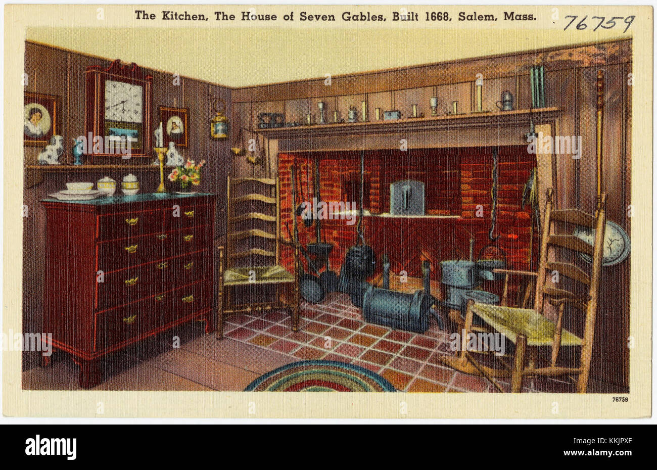 La cuisine de la Maison des sept pignons, construite en 1668 à Salem, Massachusetts, est préservée dans le cadre de la maison historique. Il met en valeur l'architecture de l'époque coloniale et la vie domestique. Banque D'Images