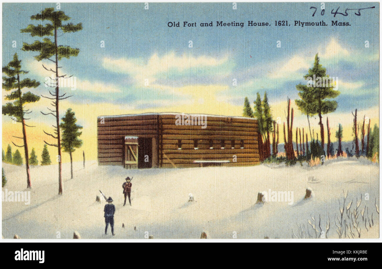 Le vieux fort et le Meeting House à Plymouth, Massachusetts, datent de 1621 et sont importants pour leur rôle dans l'histoire des colonies américaines. Ces structures reflètent l'architecture coloniale précoce et la période de colonisation en Nouvelle-Angleterre. Banque D'Images