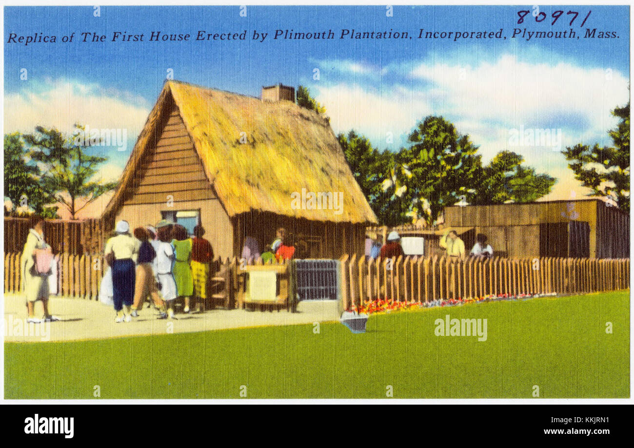 Cette réplique de la première maison construite par Plymouth Plantation à Plymouth, Massachusetts, représente le début de la colonie coloniale et offre un aperçu de la vie des pèlerins au 17ème siècle. Banque D'Images