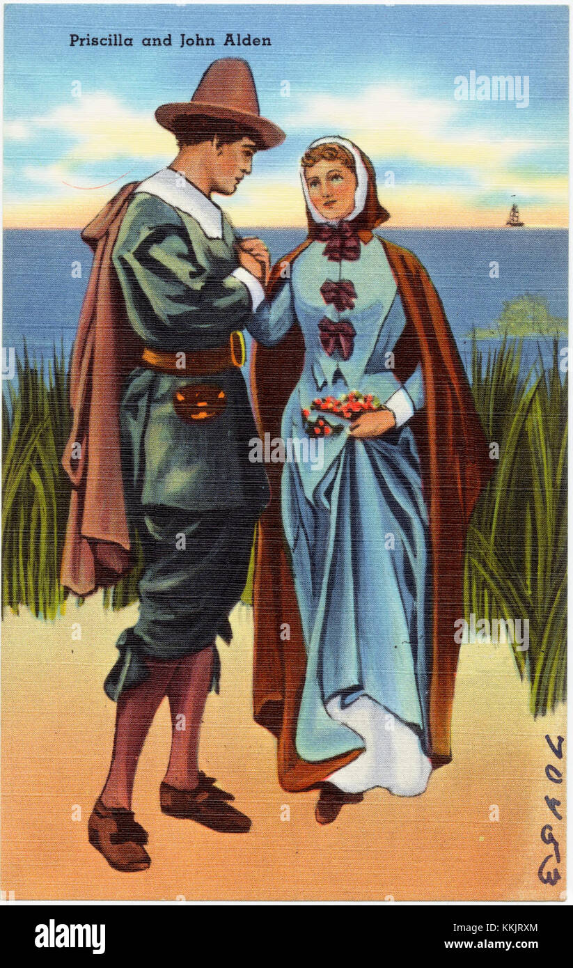 Figures historiques, Priscilla et John Alden, personnalités éminentes dans l'histoire coloniale américaine. Banque D'Images