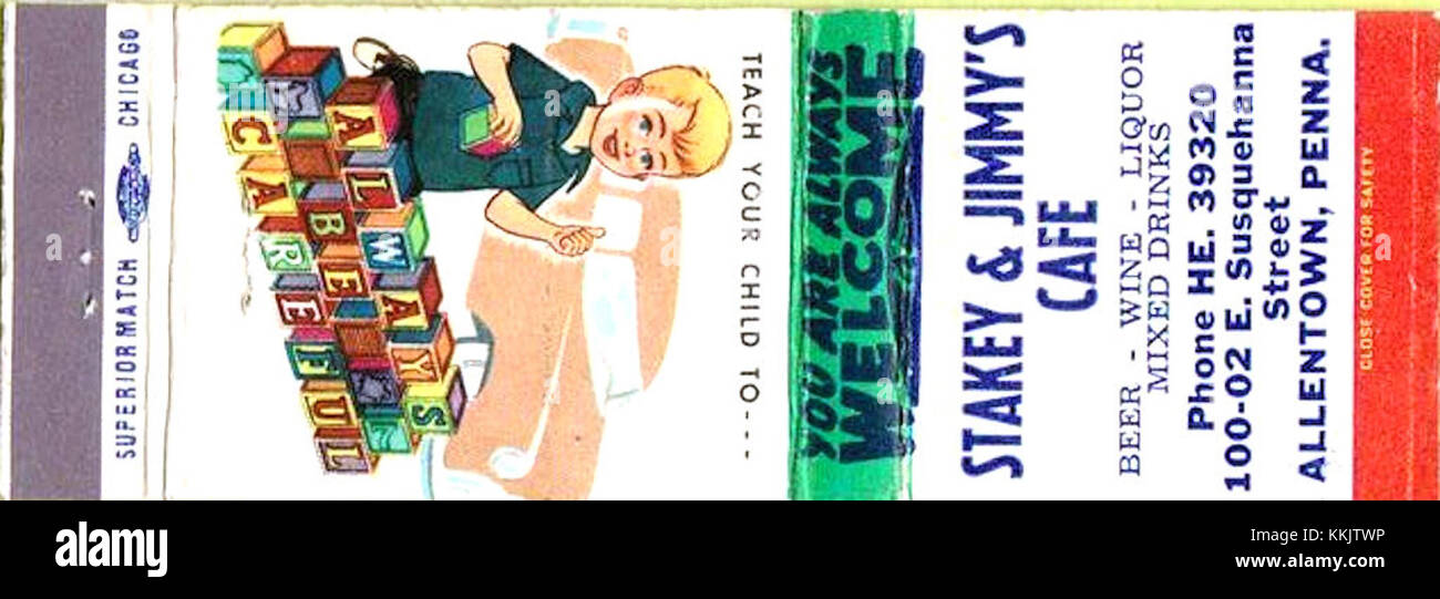 La couverture d'allumettes de Stanley and Jimmy's Cafe, un établissement populaire dans les années 1960, reflète un morceau de l'histoire des restaurants américains. Le café était connu pour son atmosphère animée et son soutien local, représentant Americana du milieu du XXe siècle. Banque D'Images