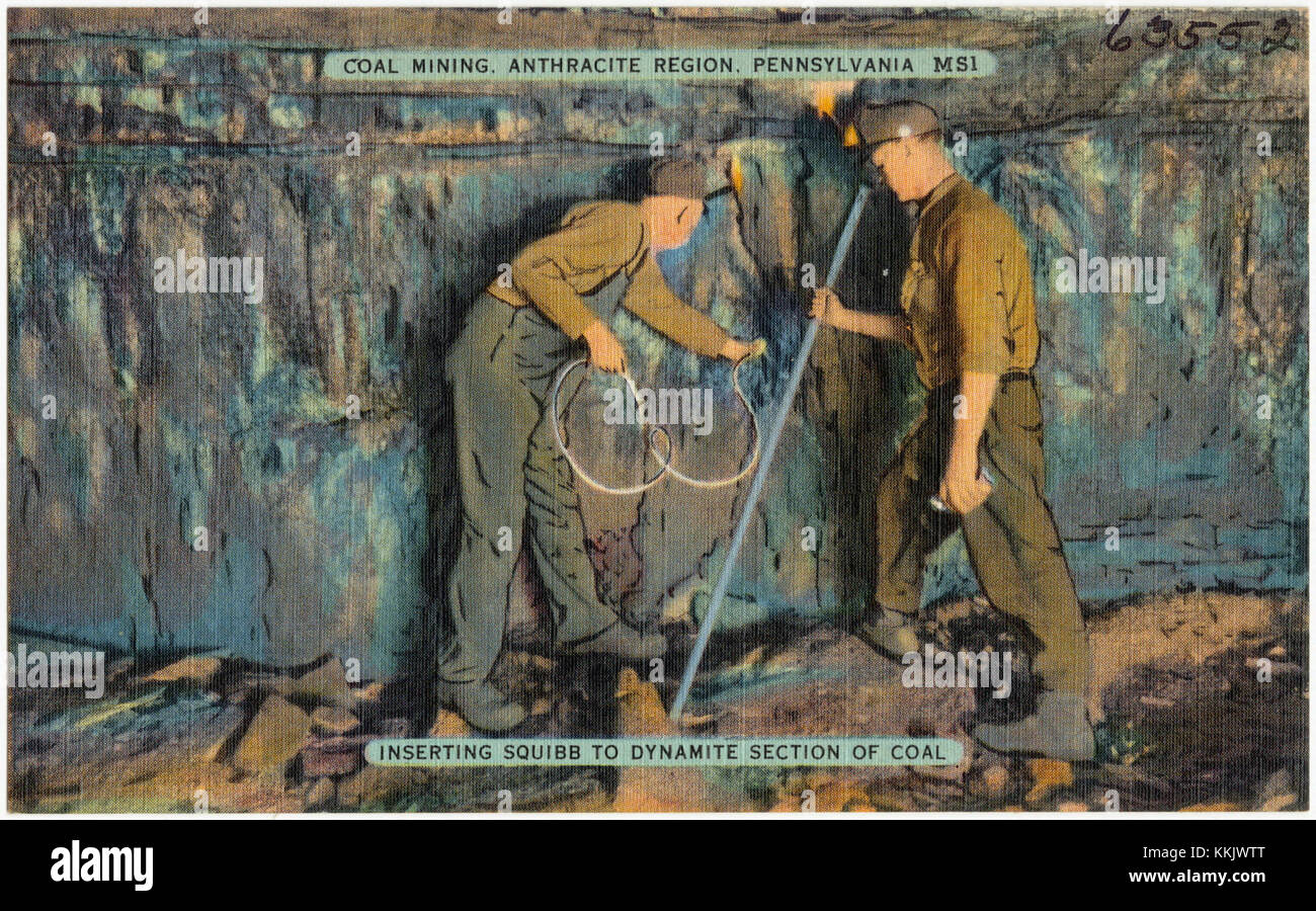 Exploitation minière du charbon, région d'Anthracite, Pennsylvanie. Insertion de squibb dans la section de dynamite du charbon (63552) Banque D'Images