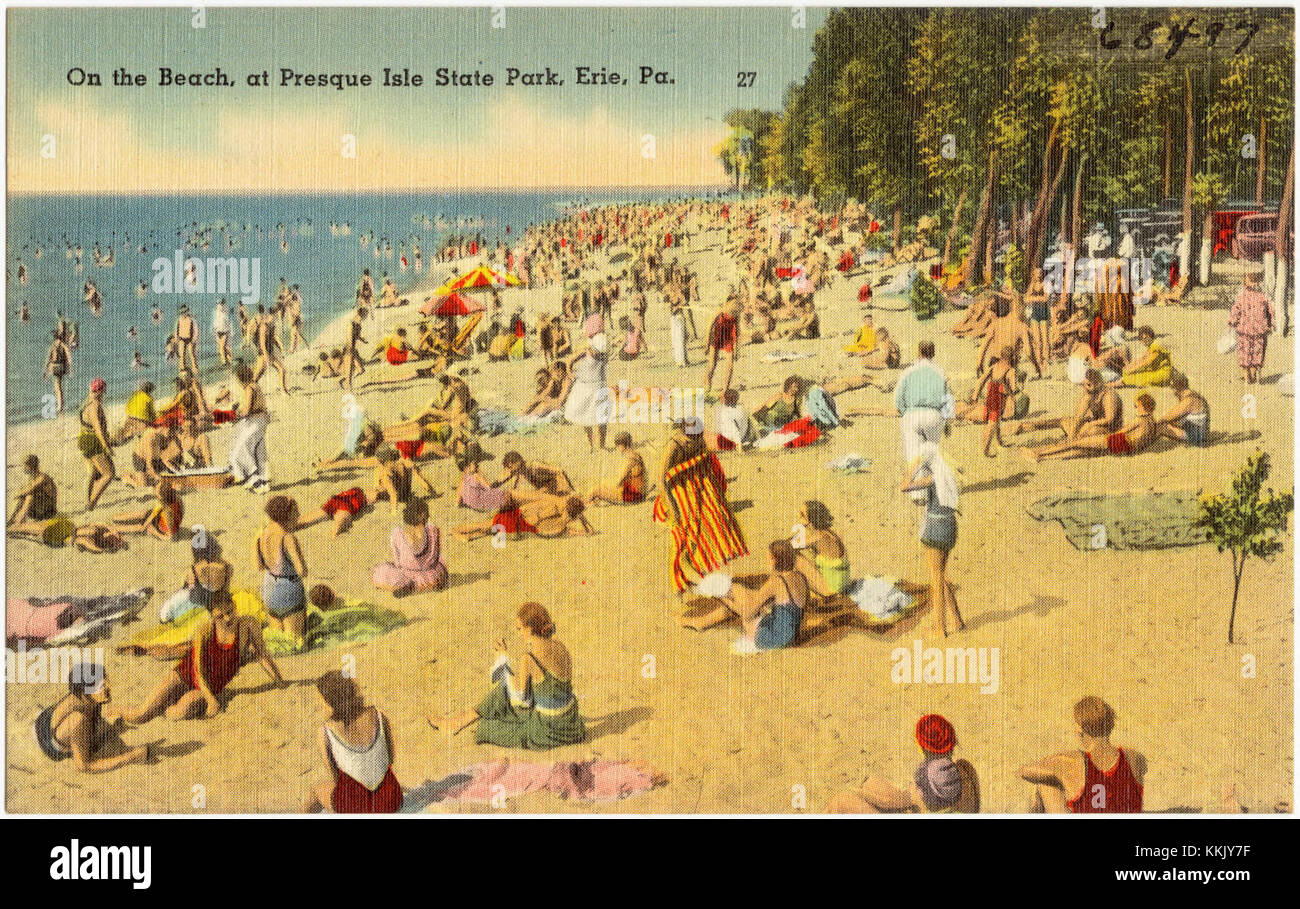 Une vue panoramique depuis presque Isle State Park à Erie, Pennsylvanie, mettant en valeur un paysage de plage avec un environnement naturel, typique de l'environnement côtier du parc. Banque D'Images
