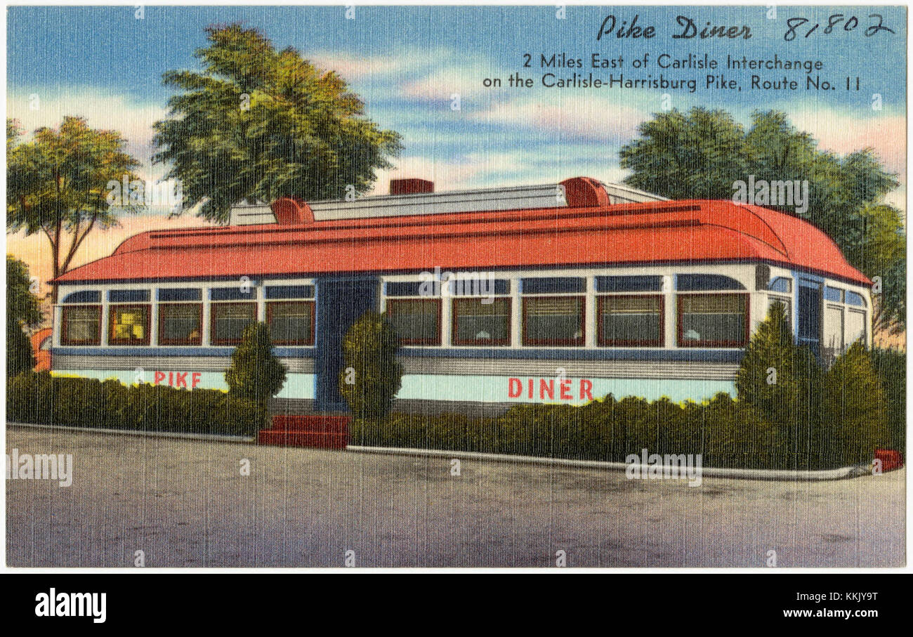 Le Pike Diner est situé à trois kilomètres à l'est de l'échangeur de Carlisle sur le Carlisle-Harrisburg Pike, route N°11. Il sert une variété de classiques américains, offrant une expérience culinaire décontractée avec un accent sur la nourriture réconfortante. Réputé pour son atmosphère conviviale, le restaurant convient aussi bien aux voyageurs qu'aux habitants de la région. Banque D'Images