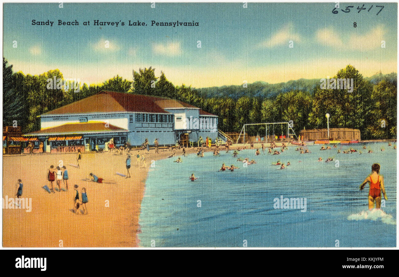 Sandy Beach à Harvey's Lake en Pennsylvanie offre une vue pittoresque sur le lac, populaire pour les loisirs. La plage est connue pour son sable propre, ses eaux calmes et sa beauté naturelle, ce qui en fait une destination populaire pour la baignade, les pique-niques et la détente. Banque D'Images