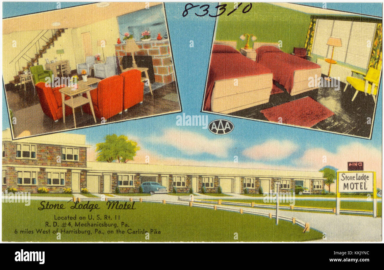 Le Stone Lodge Motel est situé le long de la U.S. route 11, à environ 6 miles à l'ouest de Harrisburg, Pennsylvanie, sur le Carlisle Pike. Ce motel en bord de route est un arrêt pratique pour les voyageurs de la région, offrant un accès facile aux villes et attractions voisines. Banque D'Images