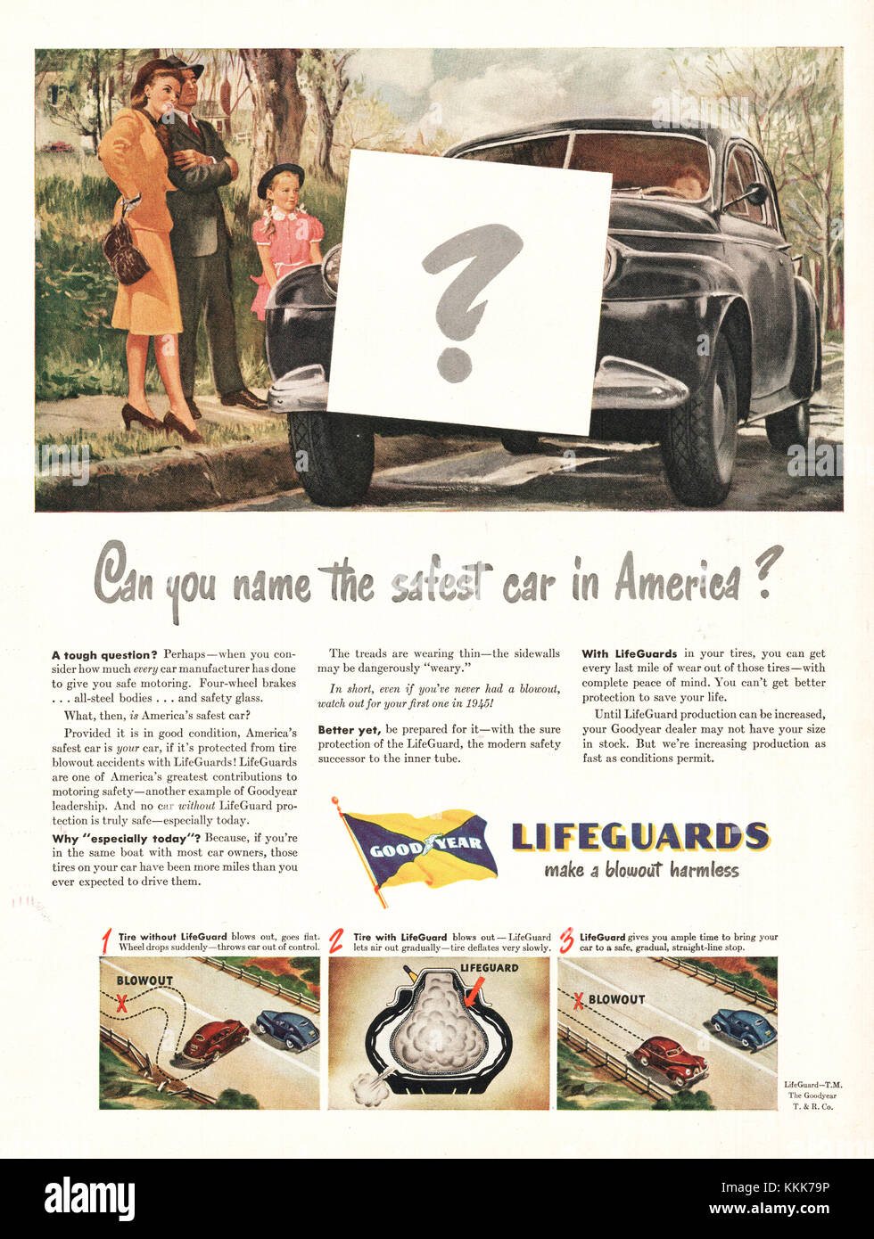 1945 Magazine américain Goodyear Pneus sauveteurs annonce Banque D'Images