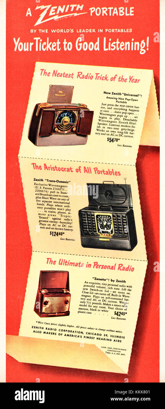 1948 Magazine américain annonce radio portable Zenith Banque D'Images