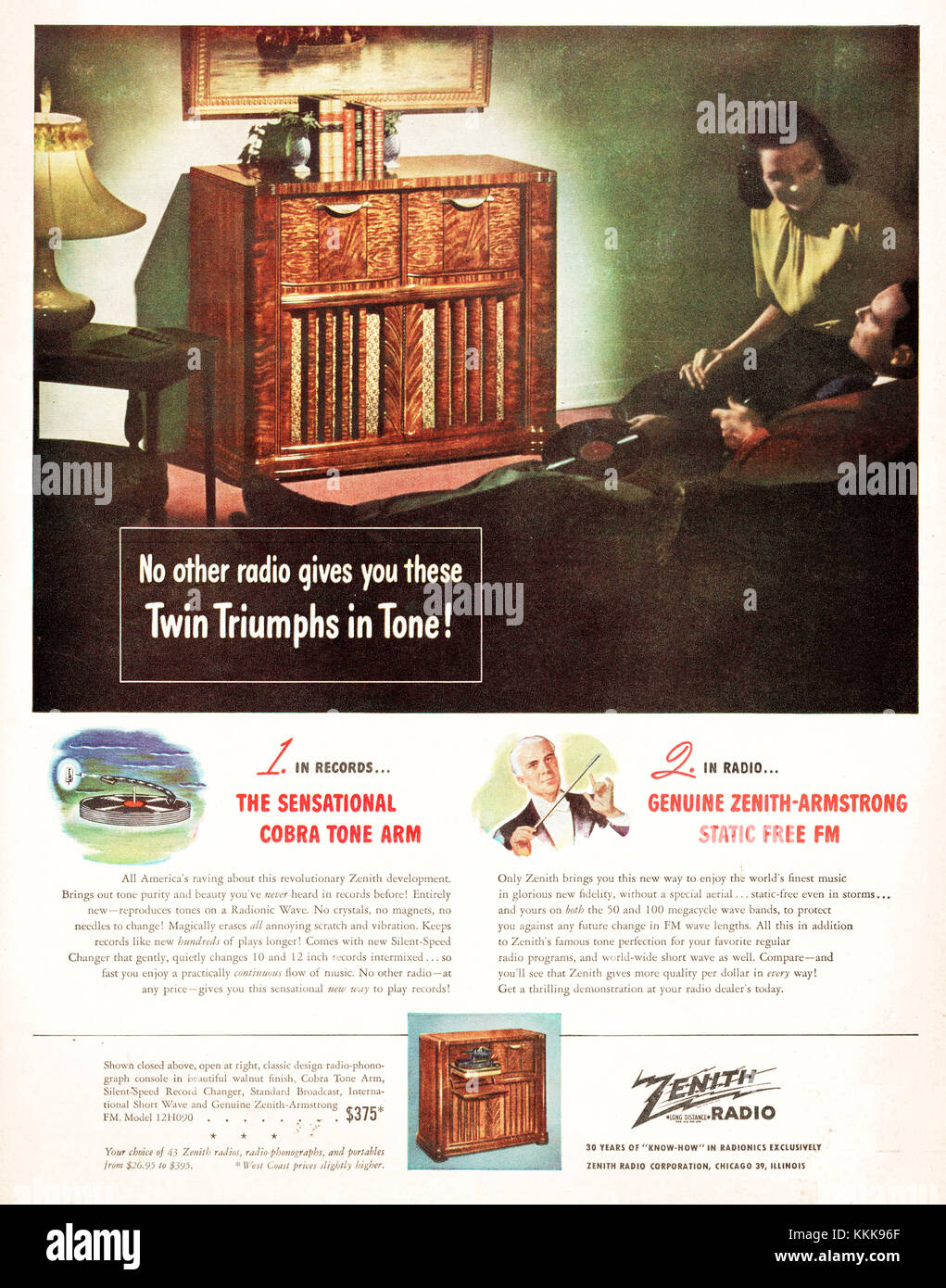 1947 Magazine américain annonce radio portable Zenith Banque D'Images
