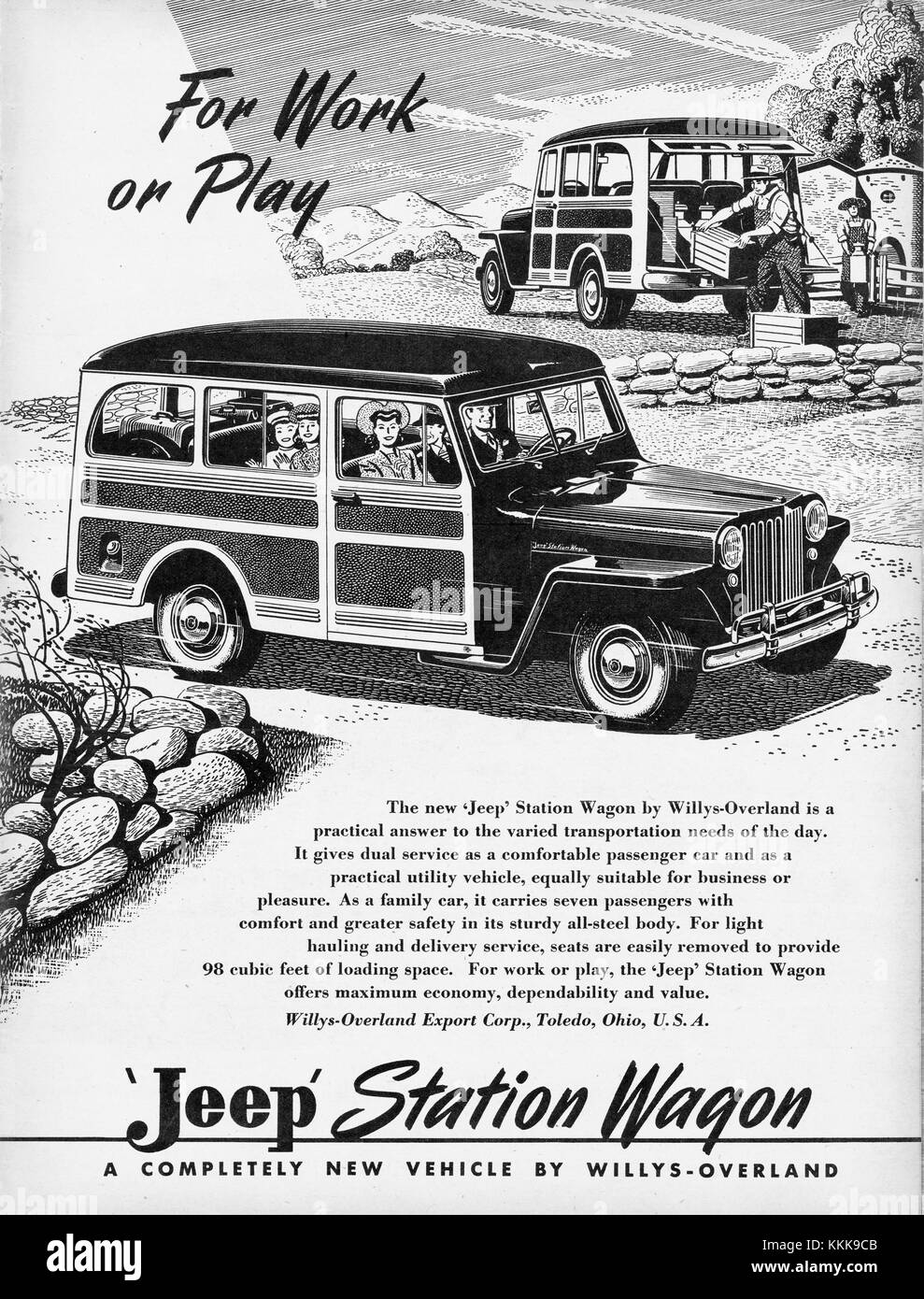 1947 Magazine américain Jeep Station wagon annonce Banque D'Images