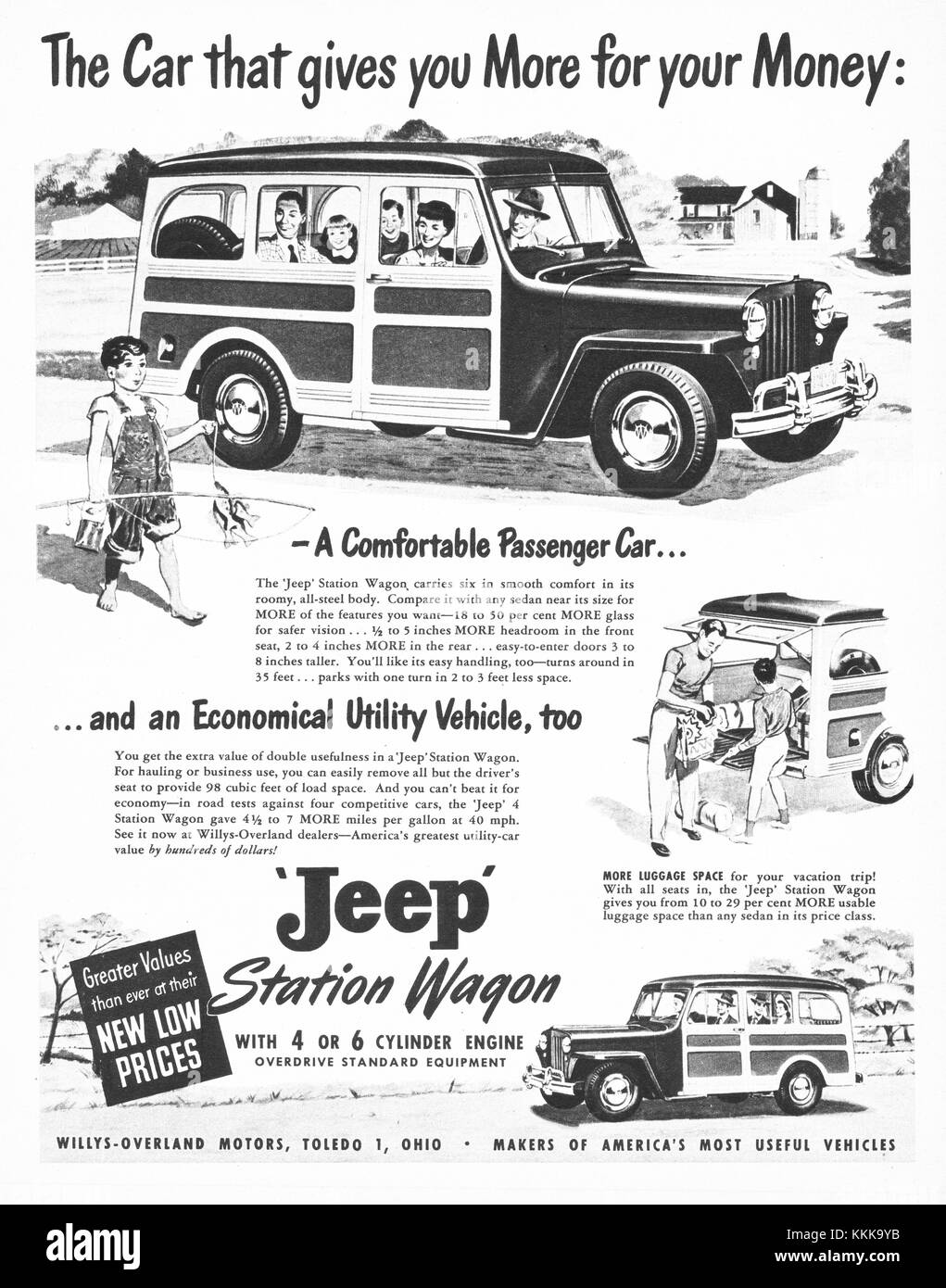 1949 Magazine américain Jeep Station wagon annonce Banque D'Images