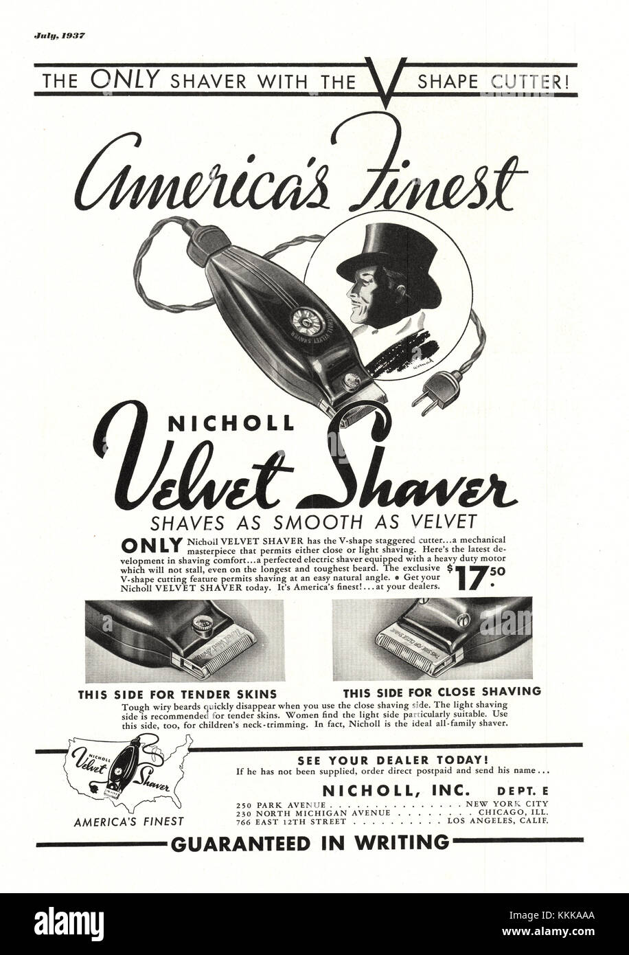 1937 Magazine américain Nicholl rasoir velours annonce Banque D'Images