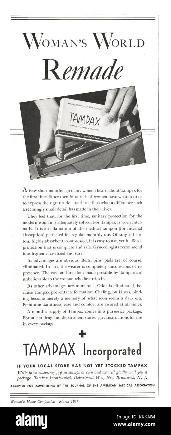 1937 Magazine américain annonce Tampax Banque D'Images
