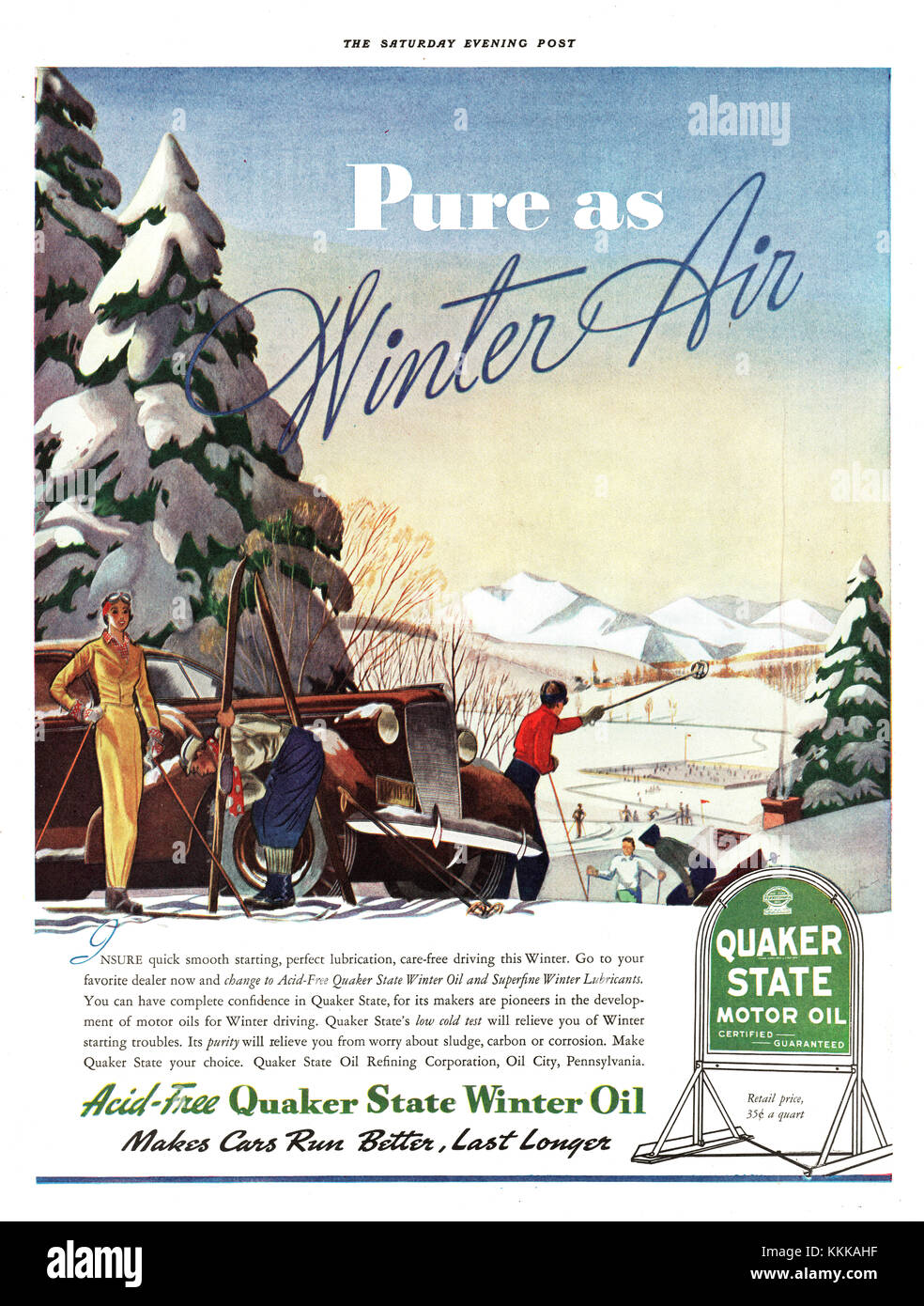 1938 Magazine américain Quaker State Motor Oil annonce Banque D'Images