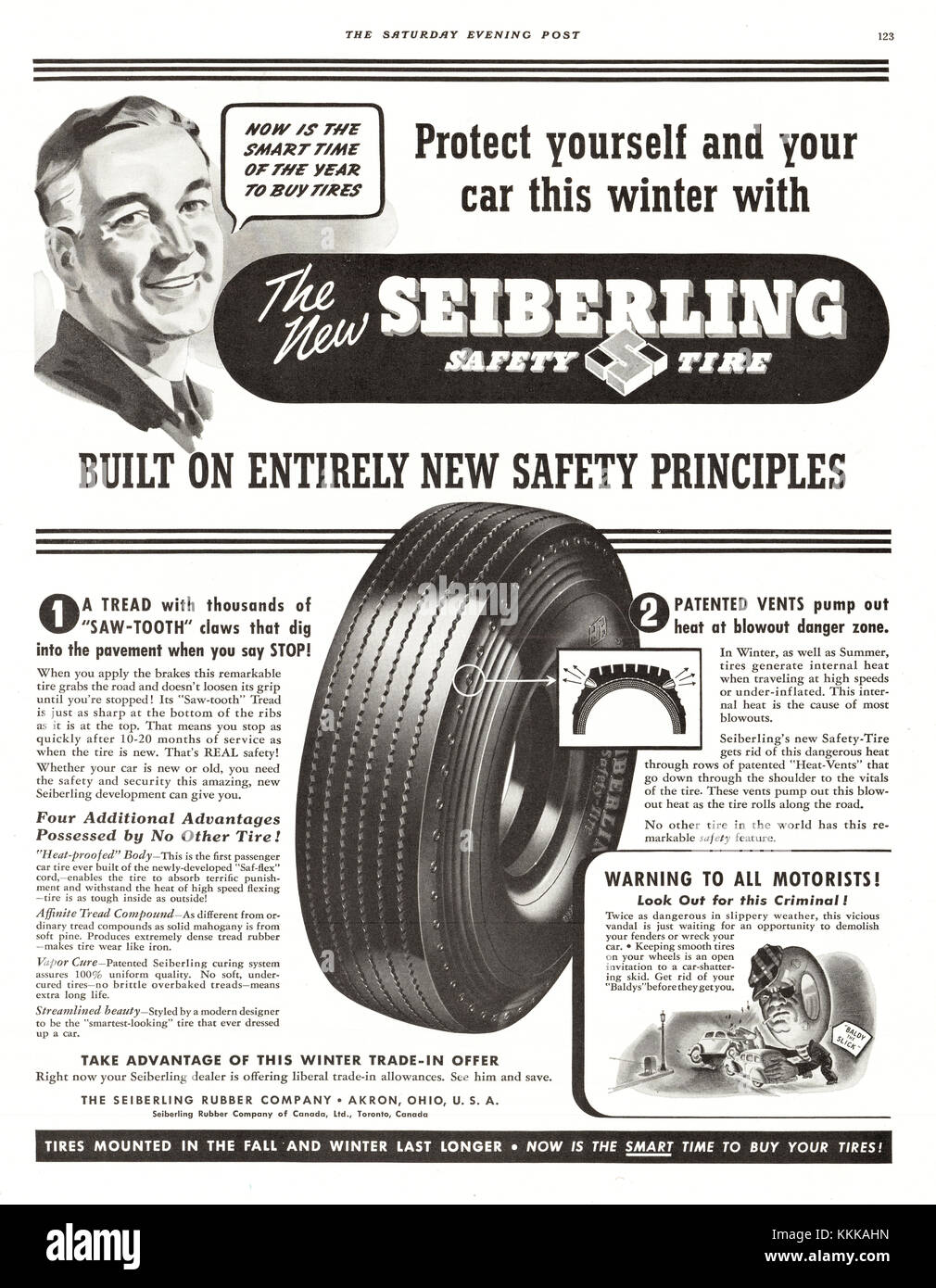 1938 Magazine américain Seiberling Tire annonce Banque D'Images