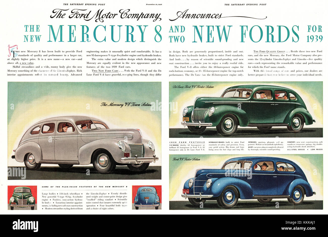 1938 Magazine américain Ford Mercury 8 et de nouveaux modèles de Ford pour l'annonce 1939 Banque D'Images