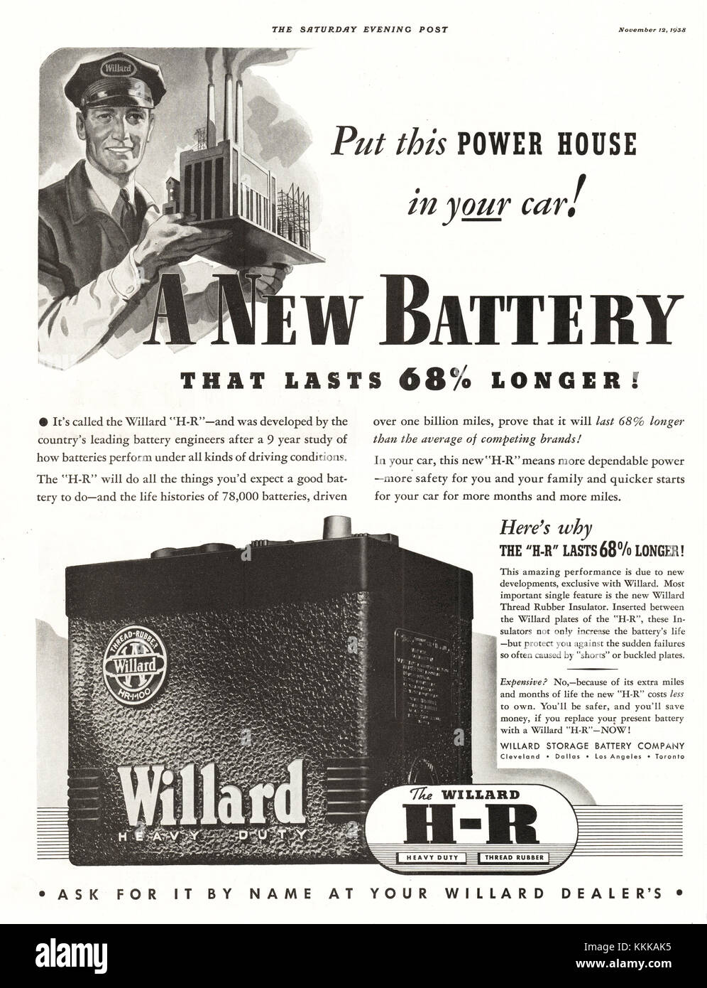 1938 Magazine américain Willard batterie de voiture annonce Banque D'Images