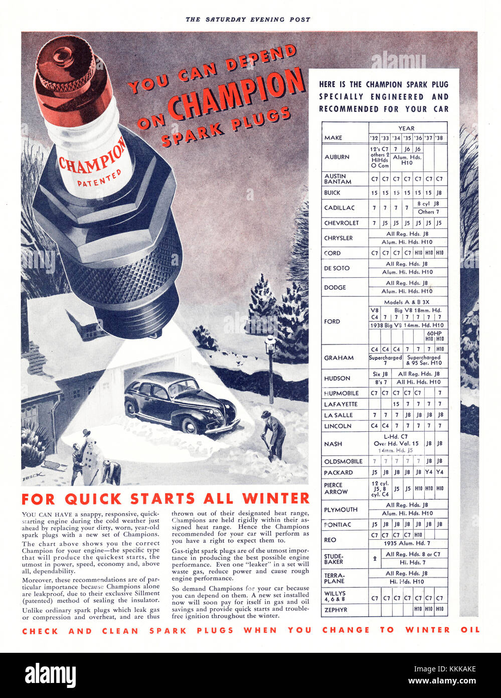 1938 Magazine américain annonce bougies Champion Banque D'Images
