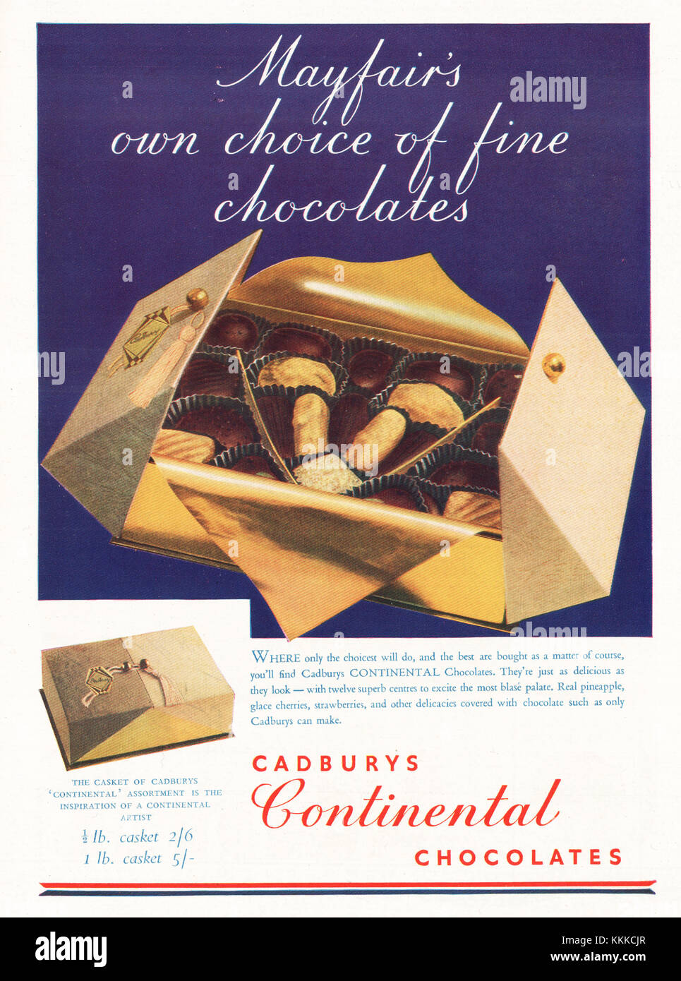 1938 Le magazine britannique Continental annonce Cadburys Banque D'Images