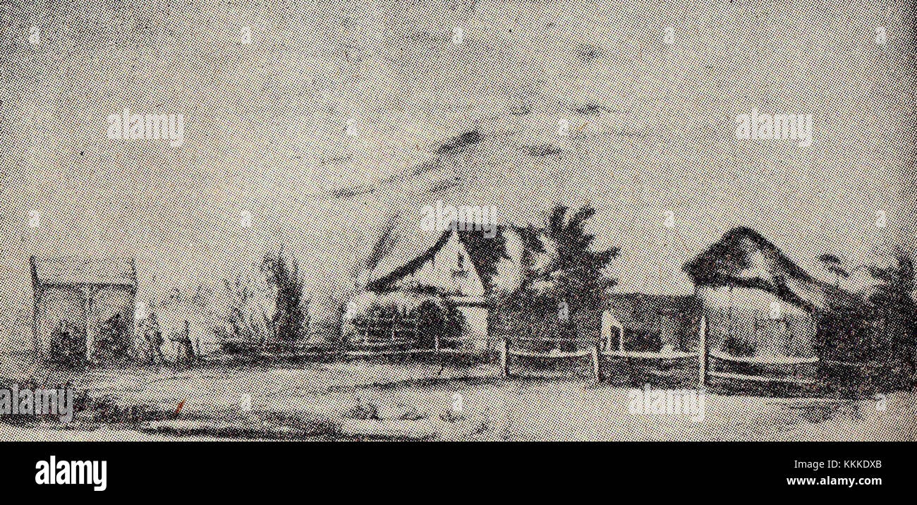 Lithographie de Marian Jaroczynski intitulée 'Dziurka albo Syberya w Poznaniu', représentant une ancienne taverne sur la route de Dębińska à Poznań, reflétant la vie de Poznań au XIXe siècle. Banque D'Images