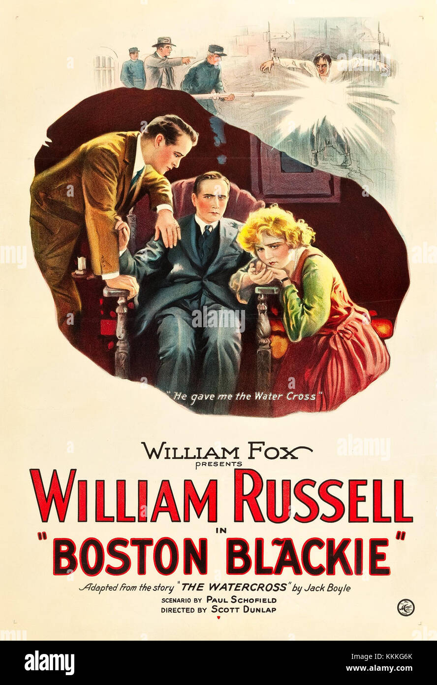 L'affiche de 1923 pour 'Boston Blackie' est un article promotionnel pour la série de films dramatiques criminels. L'affiche présente des motifs audacieux, représentant le style noir du film. Boston Blackie est devenu un personnage populaire dans le cinéma, connu pour son travail de détective au début du XXe siècle. Banque D'Images