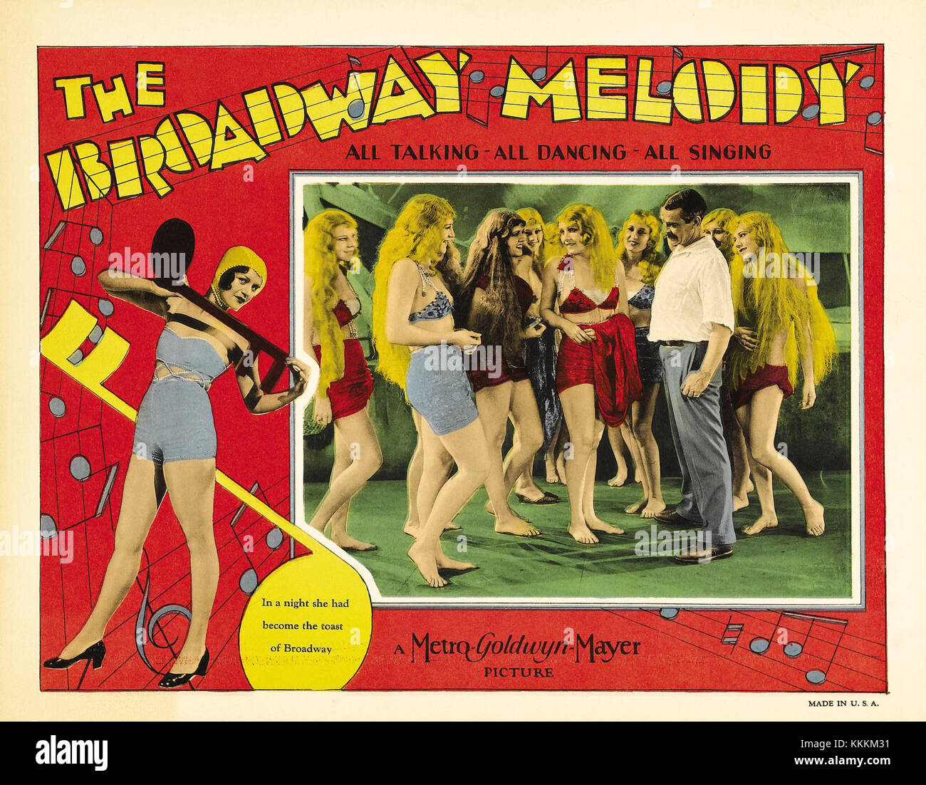 La carte du lobby pour Broadway Melody, un film musical américain classique de 1929, présente des scènes et des personnages clés du film. Le film est connu pour son influence sur les comédies musicales hollywoodiennes et son importance dans l'histoire du cinéma comme l'un des premiers bavardages. Banque D'Images