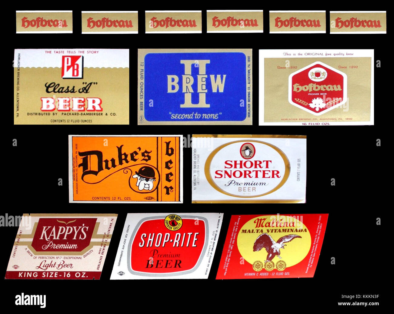 Horlacher Beer est une marque de bière historique d'Allentown, en Pennsylvanie. Les étiquettes apposées sur les bouteilles de bière, comme Label 9, reflètent l'histoire de la marque et de la commercialisation de la brasserie, ainsi que l'importance culturelle de la production de bière dans la région. Banque D'Images