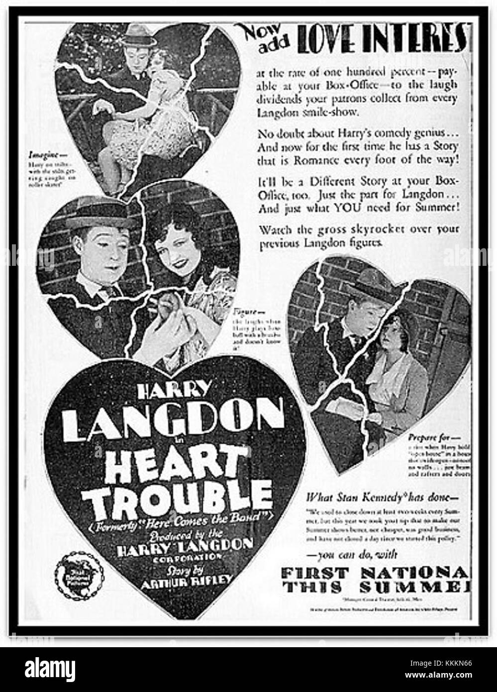 L'affiche « Heart trouble » de 1928 est un des premiers exemples de promotion cinématographique américaine, mettant en valeur le design graphique et le style marketing de la fin des années 1920 Le film, probablement une comédie ou un mélodrame, est représenté par une typographie et une illustration audacieuses. Banque D'Images
