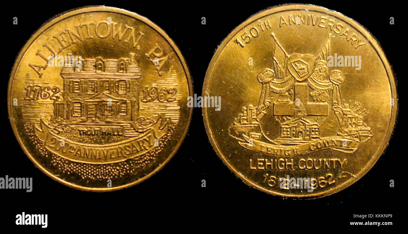 La pièce de bronze du bicentenaire Allentown - Lehigh County 1962 a été émise pour commémorer le 200e anniversaire d'événements importants dans l'histoire d'Allentown. Il reflète la fierté culturelle et historique de la communauté. Banque D'Images