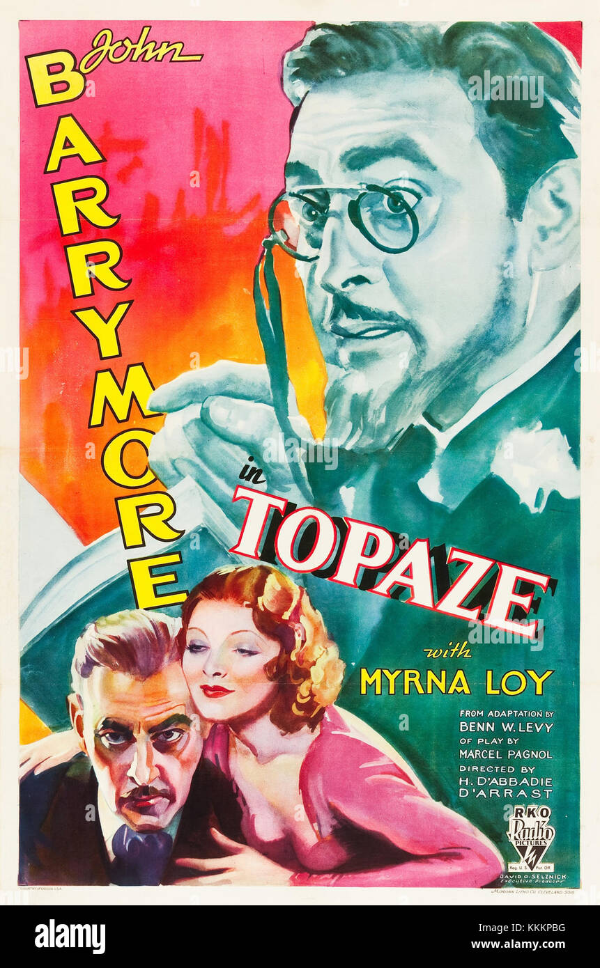 Une affiche de film de 1933 pour *Topaze*, un film comique basé sur la pièce de Marcel Pagnol, représentant le personnage central dans une pose comique. Banque D'Images